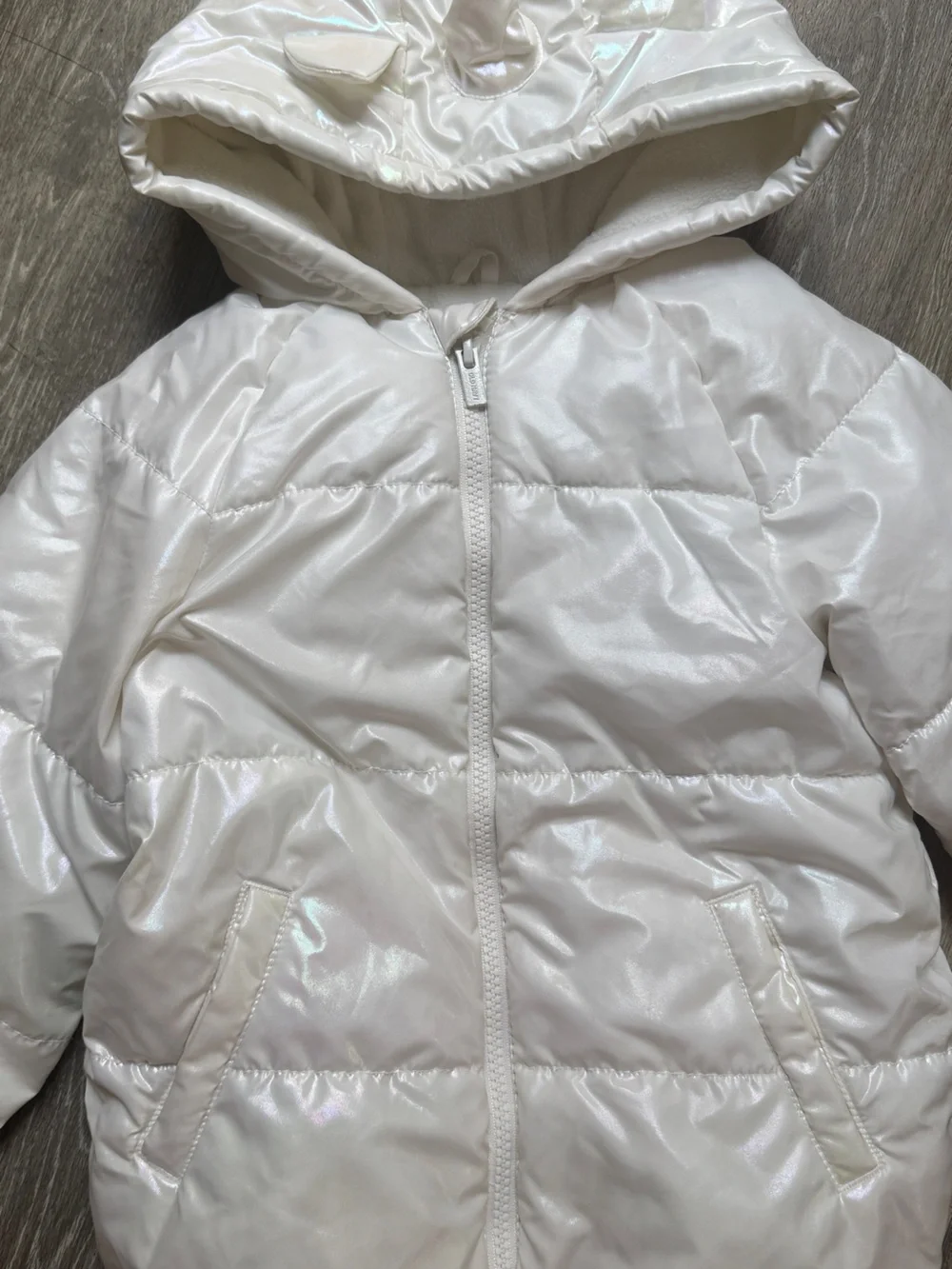 Old Navy Iridescent White Puffer Jacket with Hood and Horns